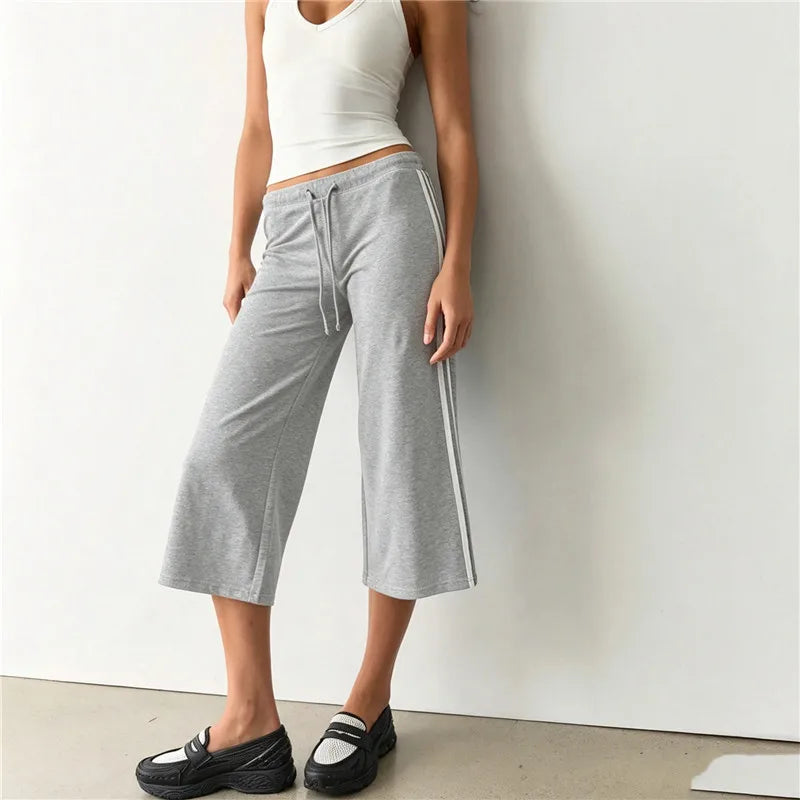 Women Y2K Side Striped Cropped Wide Leg Capri Pants Drawstring Waist Loose Sport Trousers Casual Streetwear Bottoms