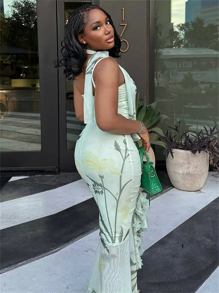 Floral Print Sling Dress+Mesh Scarf Women Sexy Hollow Sleeveless Wrap Buttocks Ruffle Hem Ruched Elegant Long Bodycon