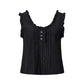Women Ruffle Trim Sleeveless Cropped Tank Top U‑Neck Pleated Half Button Blouse Vintage Summer Casual Daily Vest Tops