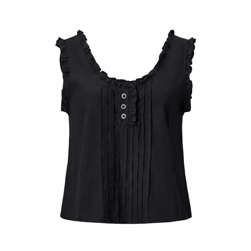 Women Ruffle Trim Sleeveless Cropped Tank Top U‑Neck Pleated Half Button Blouse Vintage Summer Casual Daily Vest Tops