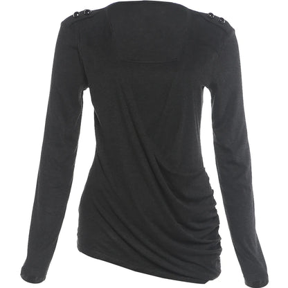 Button Decoration t-Shirt Women Square Collar Full Sleeve Folds Solid Leisure Classic Simple Comfortable Streetwear