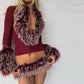 Womens Matching Sets Fluffy Faux Fur Trim Long Sleeve Top and Low-rise Mini Skirt Sets Woman 2 Piece Outfit