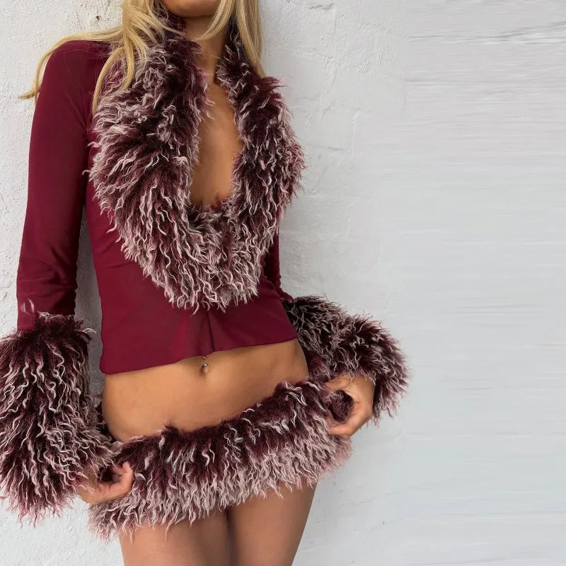 Womens Matching Sets Fluffy Faux Fur Trim Long Sleeve Top and Low-rise Mini Skirt Sets Woman 2 Piece Outfit