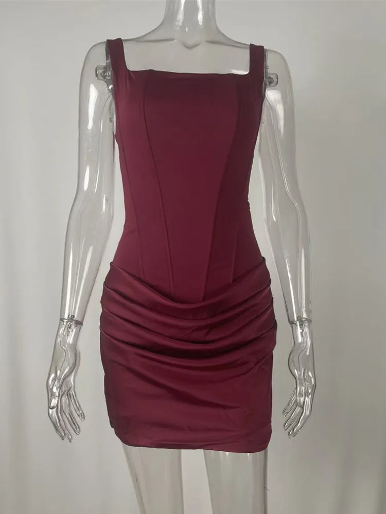 Backless Ruched Sexy Mini Dress Women Elegant Tapered Straps Square Collar Sleeveless High Waist Club Party Dress