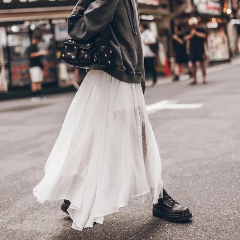Fashion Women Sheer Skirt Y2K Polka Dot Ankle Length Long Sheer Skirt Summer Spring Casual Party Wear High Waist Skirt