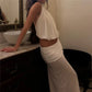 Halter Backless Crop Top And Ruched Maxi Skirt 2 Piece Set Sheer Mesh Sleeveless Y2K Summer Outfits For Women Club Party