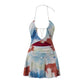 Sexy Floral Print Halter Cutout Mini Dress for Women Backless Bodycon with Beaded Chain Summer Beach Party Outfit