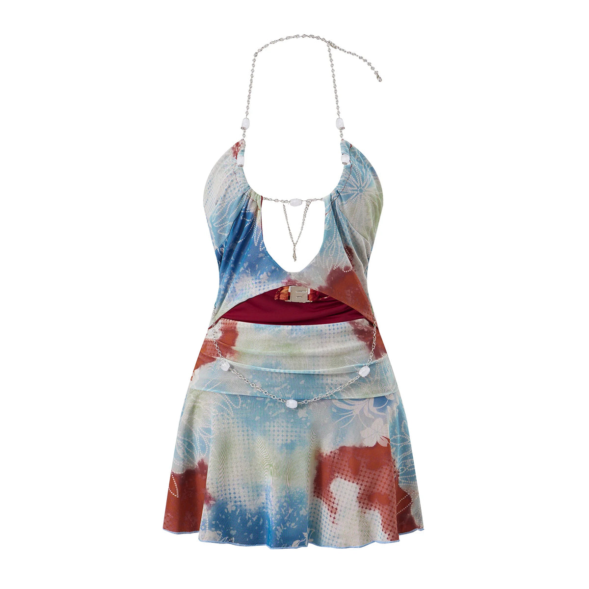 Sexy Floral Print Halter Cutout Mini Dress for Women Backless Bodycon with Beaded Chain Summer Beach Party Outfit
