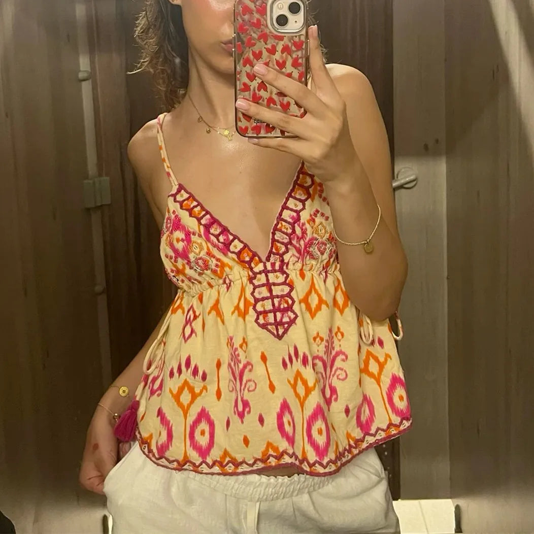 Boho Beach Floral Print Embroidery Camis for Women Tops Casual Deep V Neck Sleeveless Backless Tassel Strap Top Summer