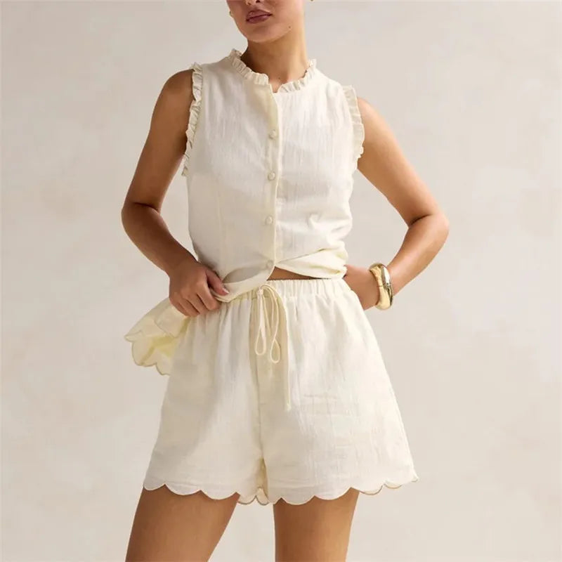 Women’s Casual 2 Piece Outfits Summer Sleeveless Ruffle Trim Tank Tops and Elastic Waist Shorts Set Vacation Beachwear