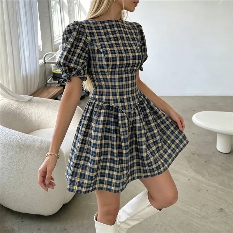 Women's Y2K Plaid Mini Dress Round Neck Puff Sleeve Bow Tie Cuffs A-Line Flared Skirt Casual Vintage Summer Dress