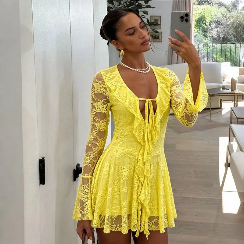 Tie Front Deep V Neck Long Sleeve Mini Dress Sexy Lace Black Fitted Autumn Dresses 2026 Woman Clothing