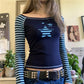 Vintage Star Raglan Crop Top Ladies Boat Neck Striped Long Sleeve Slim Ribbed Tee Y2K Grunge Street Fashion Short Top