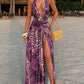 Leopard Patchwork Maxi Dress Women Seashell Decoration Halter Low-Neck Backless Ruched Side Splits Elegant Vestidos