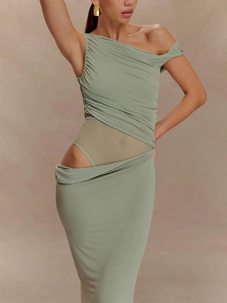 One Shoulder Slinky Sexy Maxi Dress Women Summer Fashion Backless Sleeveless Split Club Party Long Dress Elegant