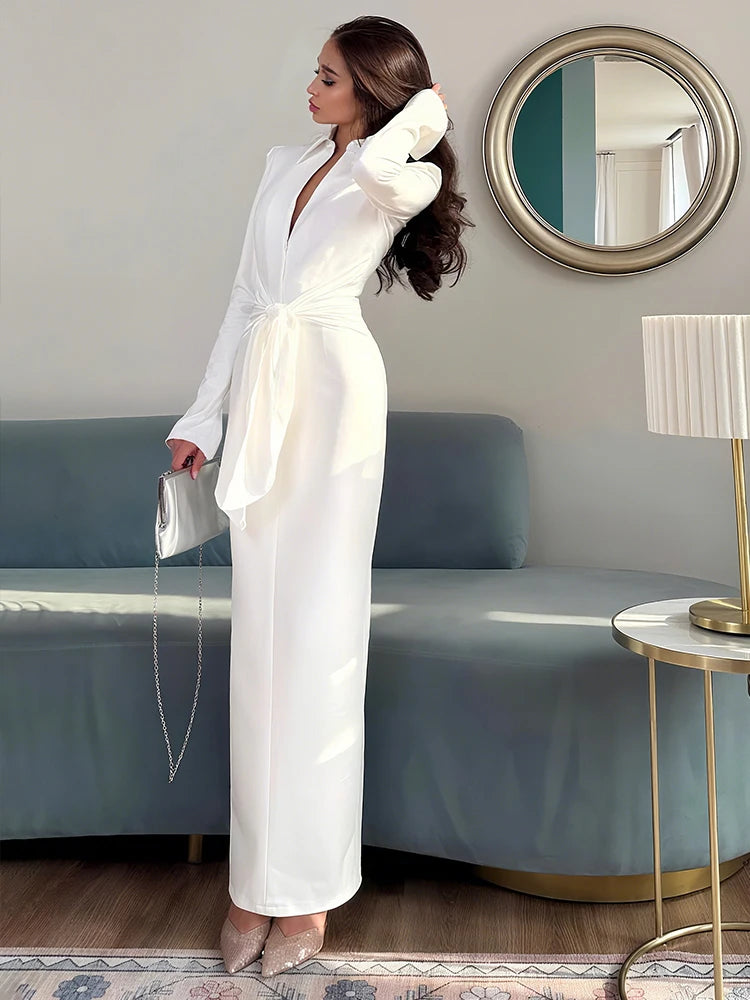 Sexy Maxi Dress Women Shoulder Padded Zip Wrapped Bandage Long Sleeve Slit Elegant Solid Office Simple Skinny Bodycon
