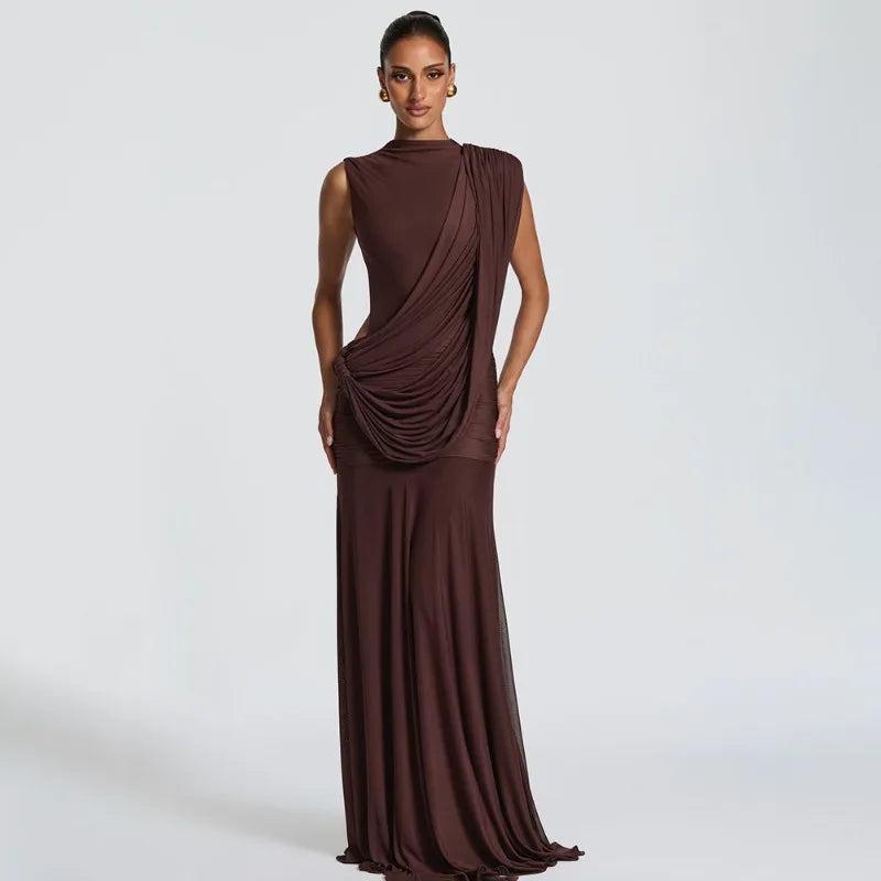 Mesh Draped Sash Sleeveless Open Back Maxi Dress Elegant for Woman Wedding Guest Party Dresses