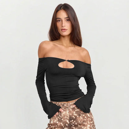 Off The Shoulder Hollow Long Sleeve Tops Brown Black Fitted T Shirts Fashion 2026 Woman Fall Clothes