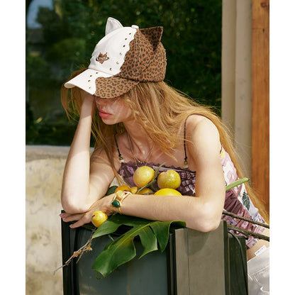 Asymmetrical Cat‑Ear Leopard Studded Baseball Cap with Embroidery Detail, Y2K Stylish Sun Hat for Street