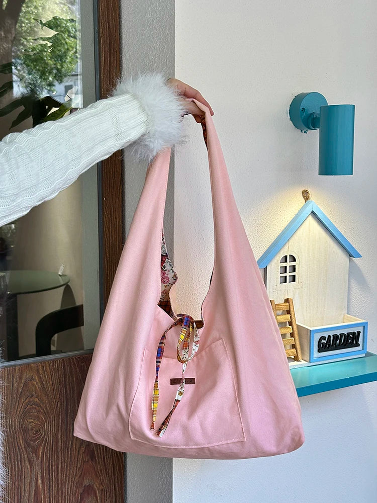 Color Block Casual Commute Large Capacity Lightweight Tote Shoulder Canvas Bag for Women