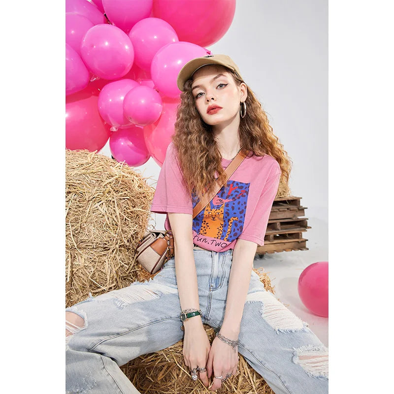 Cartoon Cat Print T-Shirt for Women, Cute Graphic Tee with Fun Text Detail, Casual Pink Summer Top for Daily Outfits