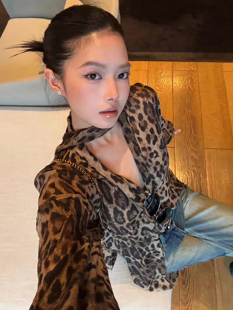 Sexy Leopard Chiffon Shirt Women Halter Ribbon Deep Neck Lace-Up Long Sleeve Elegant Commute Wild Midnight Clubwear