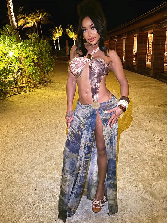 Metal Patchwork Irregular Hollow Dress Women Fashion Print Sexy Backless High Splits Summer Trend Wild Long Bodycon