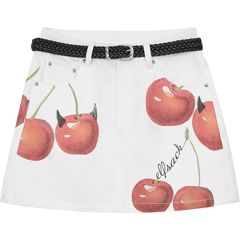 2025 Spring New Arrivals Y2K Original Cherry Printed Denim Skirt Women's Cotton A-Line Mini Skirt(Gift belt)
