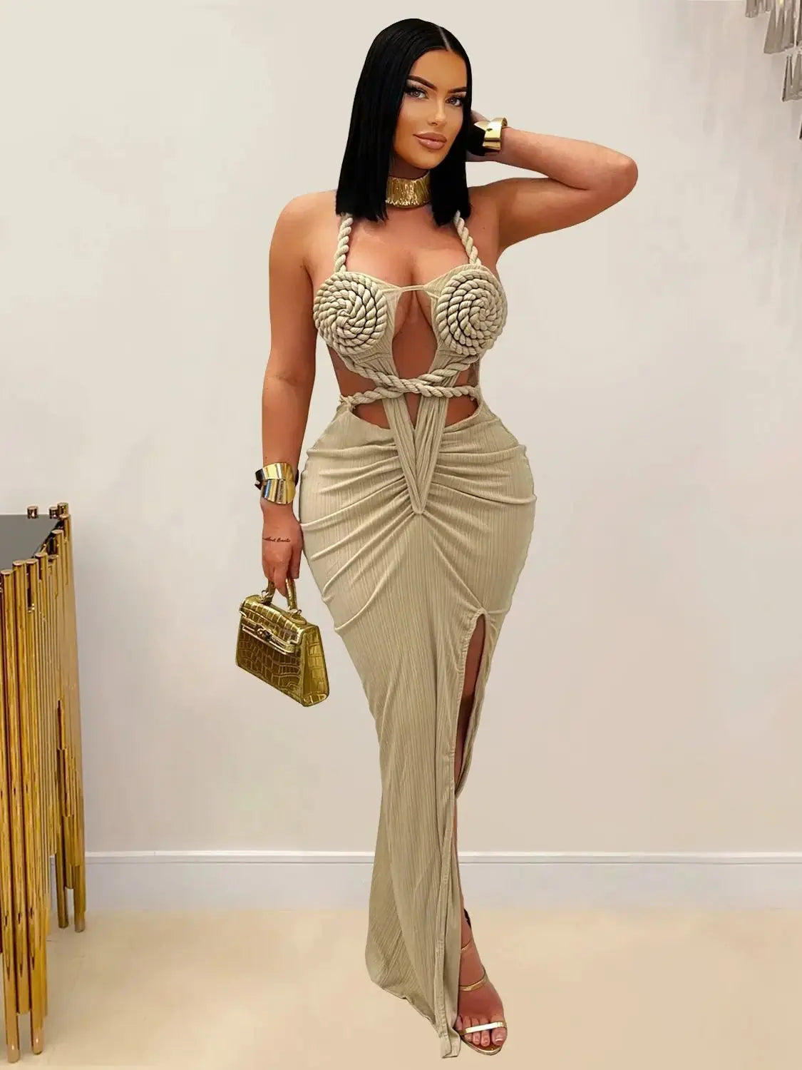 Sexy Plait Dress Women Summer Peach Buttocks Backless Sleeveless Split Hollow Midnight Party Clubwear Maxi Bodycon