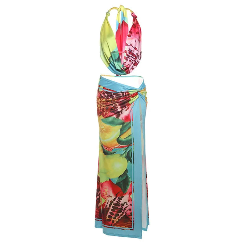 Colorful Print 2 Piece Set Woman Halter Swing Collar Bakcless Tank Tops+High Splits Long Skirts Sexy Fashion Suits