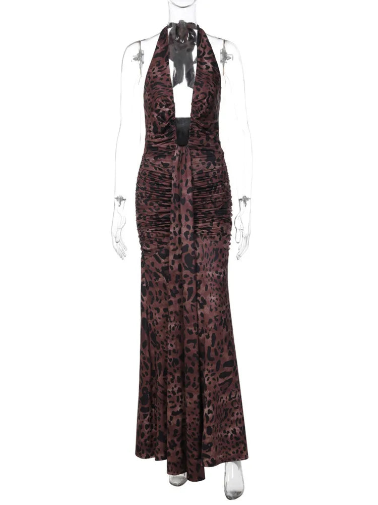 Leopard Print Backless Sexy Maxi Dress Women Gown Elegant Halter Deep V Neck Sleeveless Bodycon Draped Club Long Dress