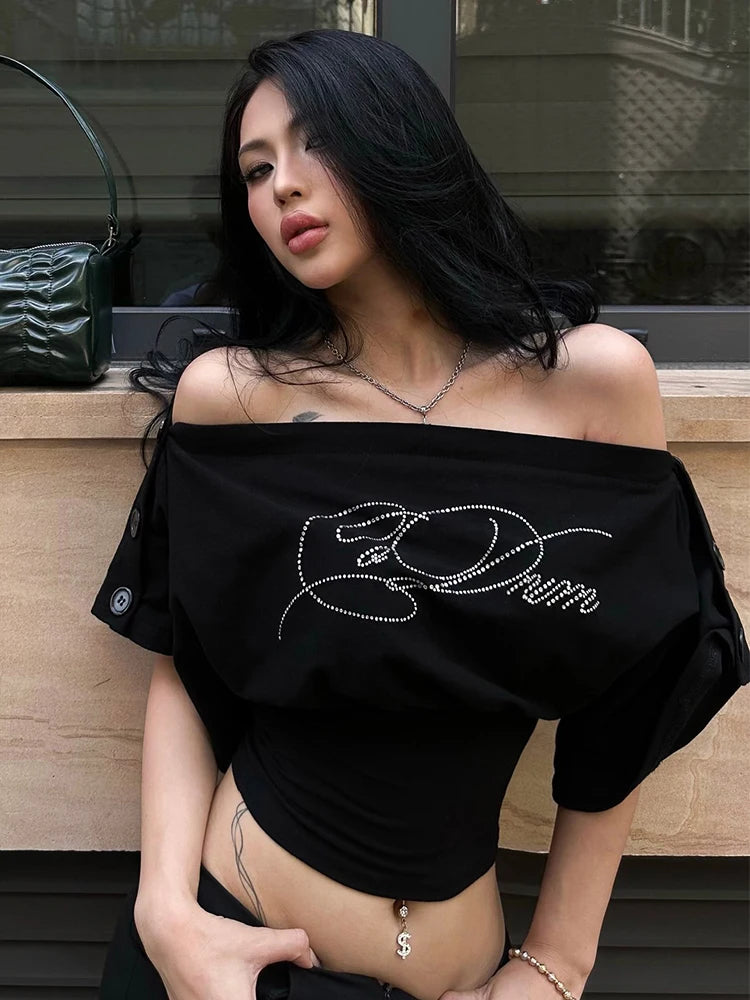 Slash Neck t-Shirt Women Button Half Sleeve Fake Diamond Letter Music Festival Leisure Daily Summer Trend Streetwear