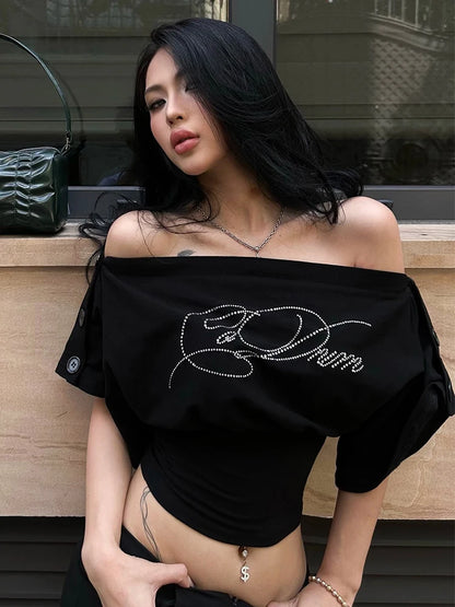 Slash Neck t-Shirt Women Button Half Sleeve Fake Diamond Letter Music Festival Leisure Daily Summer Trend Streetwear