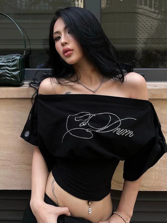 Slash Neck t-Shirt Women Button Half Sleeve Fake Diamond Letter Music Festival Leisure Daily Summer Trend Streetwear