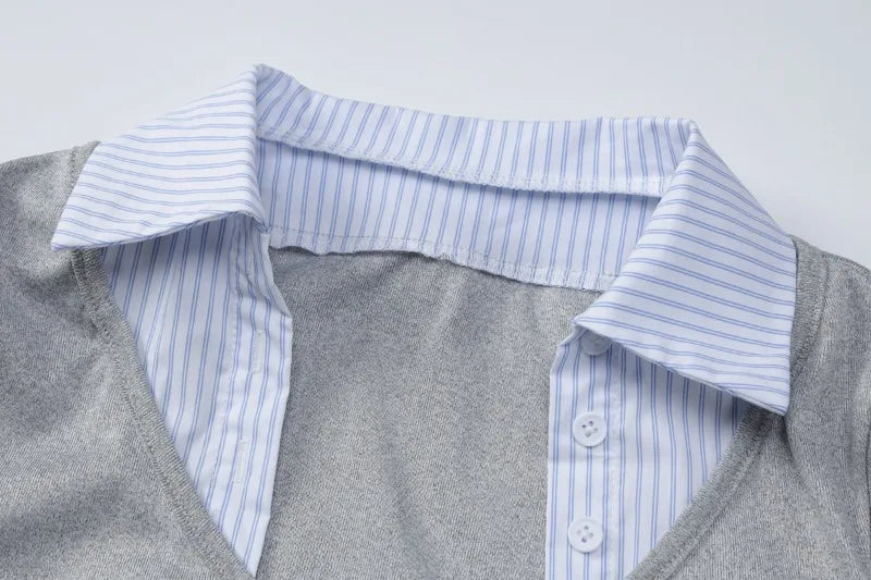 Fashion Patchwork Button Up Short Sleeve Shirt Dress Woman Clothes Office Casual White Black Grey Mini Dress