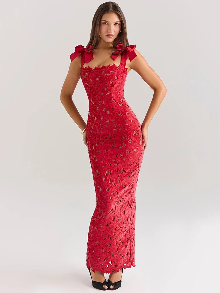 Bows Lace Sexy Maxi Dress For Women Fashion Sleeveless Backless Bodycon New Year's Birthday Club Party Long Dress