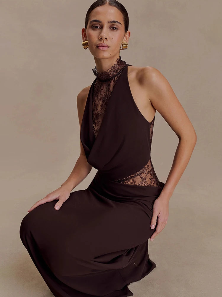 Lace Hollow Out Backless Sexy Maxi Dress Women Gown Elegant Sleeveless High Waist Ruched Bodycon Club Party Long Dress