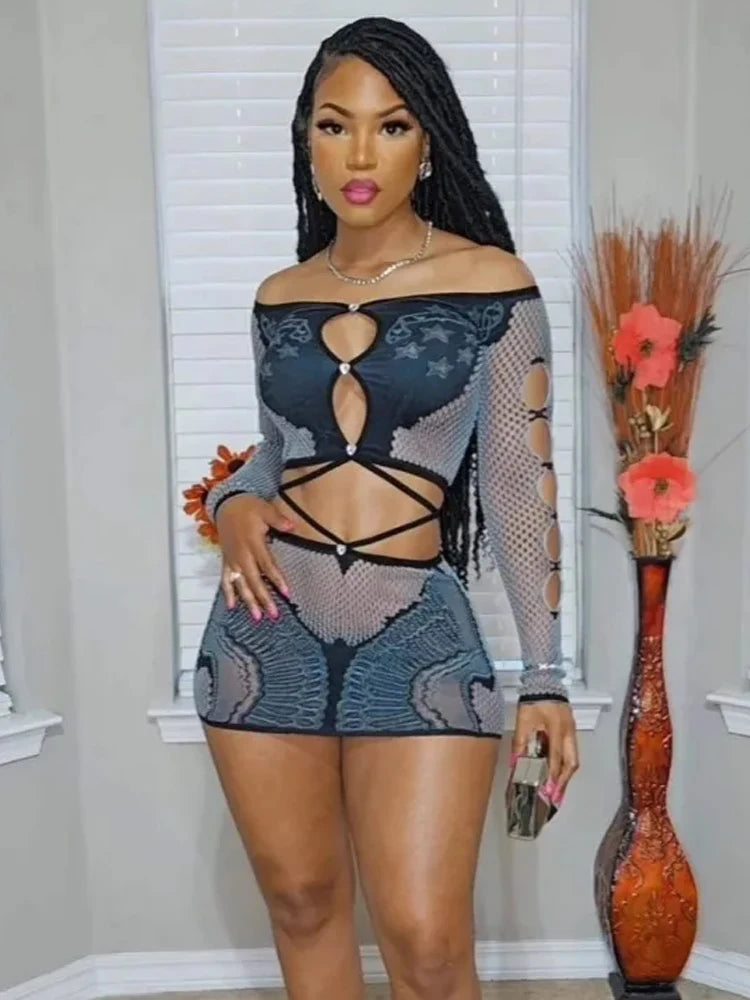 See Through Women 2 Piece Set Sexy Hollow Slash Neck Crop Tops+Peach Hip Skirts Midnight Party Matching Club Outfits