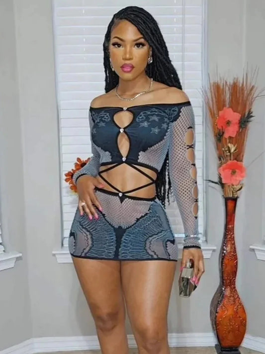 See Through Women 2 Piece Set Sexy Hollow Slash Neck Crop Tops+Peach Hip Skirts Midnight Party Matching Club Outfits