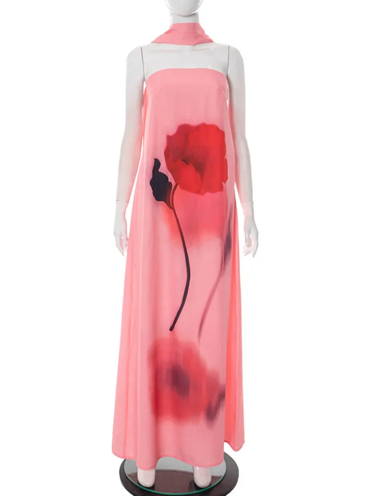 Elegant Print Sexy Maxi Dress Women Gown Fashion Scarf Collar Off-shoulder Sleeveless Backless Club Party Long Dress