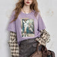 Y2K Long Sleeve Top Women Romantic Loose Round Neck Long Sleeve T-Shirt Fake Two-Piece Ruffle Sleeve Cute Print Top