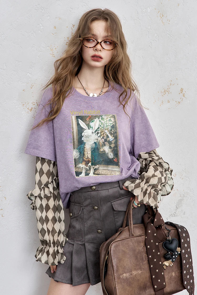 Y2K Long Sleeve Top Women Romantic Loose Round Neck Long Sleeve T-Shirt Fake Two-Piece Ruffle Sleeve Cute Print Top