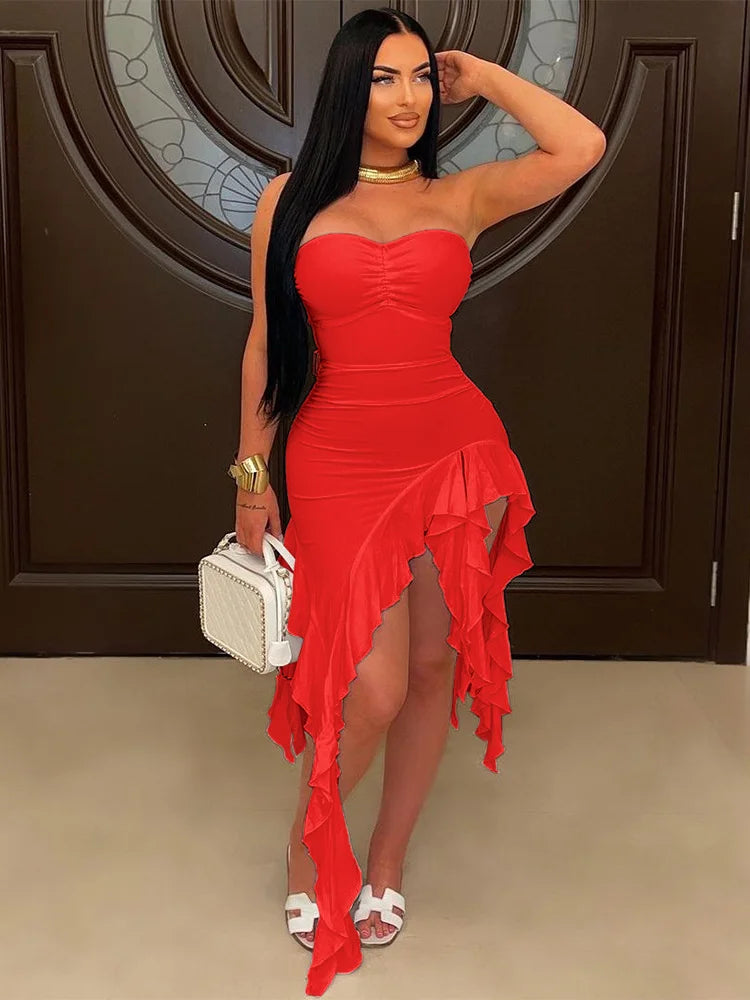 Sexy Ruffles Dress Women Summer Starpless Irregular Patchwork Iregular Tassel Hem Holidays Stretch Peach Hip Bodycon