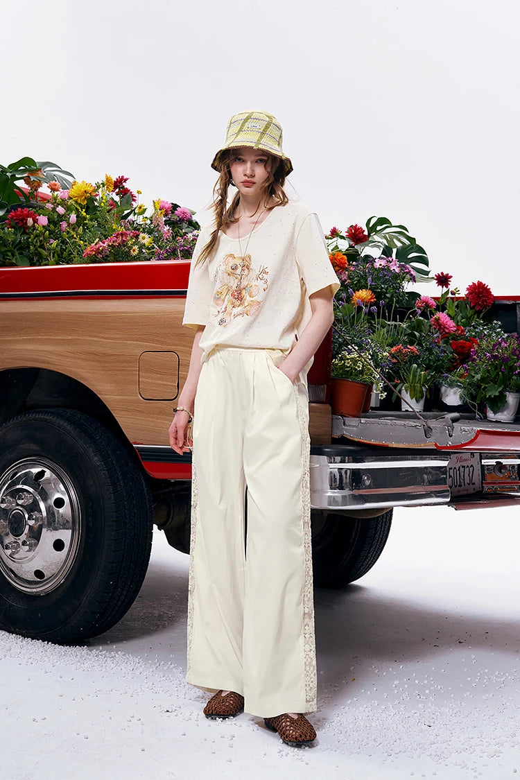 Lace Trim Wide Leg Elastic Waist Pants, Lightweight Casual Trousers, Romantic Versatile Daily Wear for Women