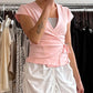 Ladies Surplice Wrap V‑Neck Short Cap Sleeve T‑Shirt Side Tie Knot Fitted Cropped Top Solid Color Casual Daily Blouse