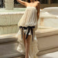 Birthday Maxi Dress Women Party  Bow Tassel Decoration Irregular Ruffles Hem Chest Wrap Folds Sleeveless Elegant Bodycon