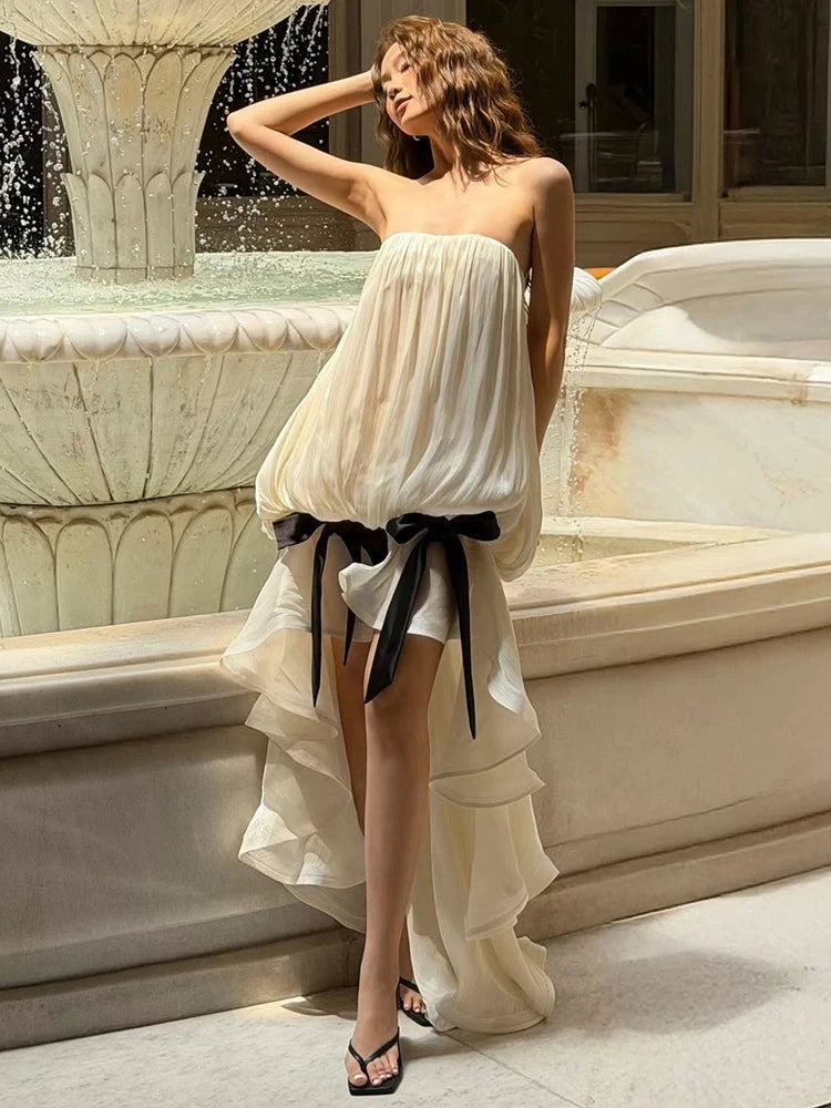 Birthday Maxi Dress Women Party  Bow Tassel Decoration Irregular Ruffles Hem Chest Wrap Folds Sleeveless Elegant Bodycon
