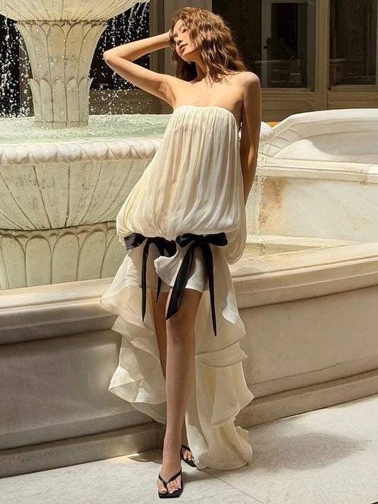 Birthday Maxi Dress Women Party  Bow Tassel Decoration Irregular Ruffles Hem Chest Wrap Folds Sleeveless Elegant Bodycon