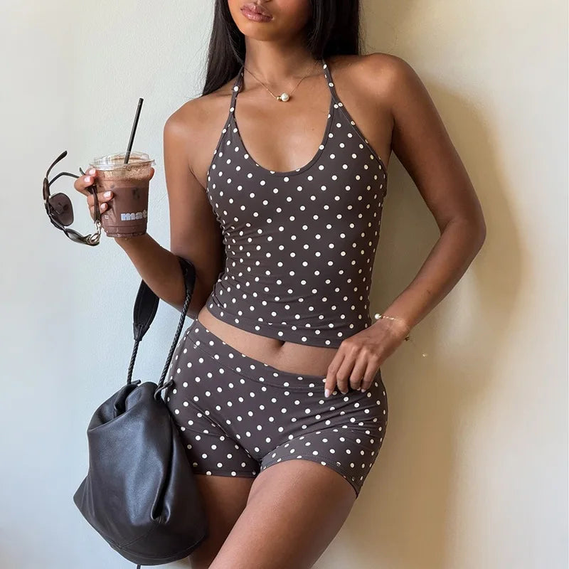 Brown Polka Dot Print 2 Piece Summer Set Halter Top and Shorts Matching Sets Woman Clothing