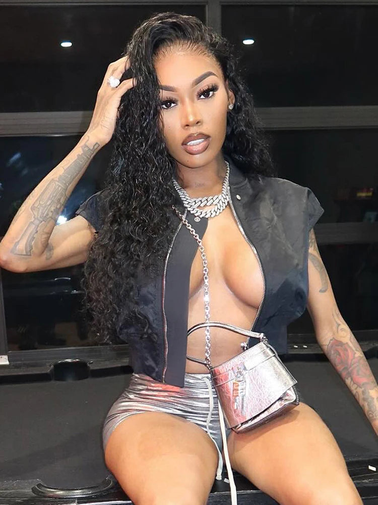 Zip O-Neck Top Women Snap Fastener Loose Casual Sleeveless Sexy Midnight Street Versatile Summer Trend Hottie Clothes